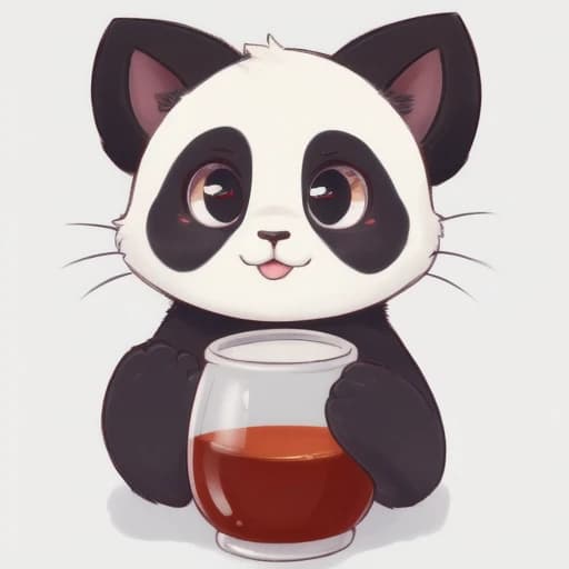 создай ОЧЕНЬ МИЛЫЙ гибрид панды и кота который пьет чай она должна быть похожа на кота в том числе с кошачьими ушами и очень милыми глазами