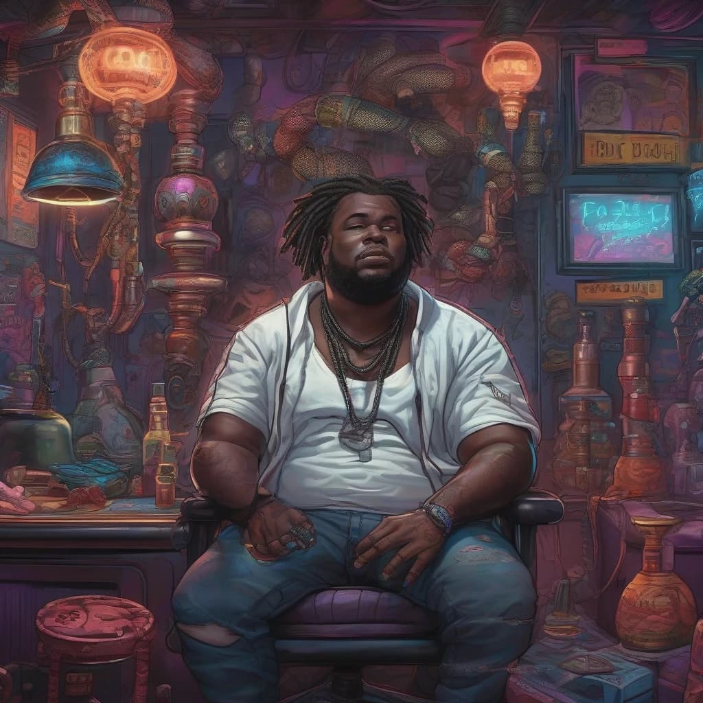 fat black man lounging on pillows in a hookah bar and smoking a hookah, cyberpunk street theme, cheerful look, (((masterpiece))), ((best quality)), ((intricate detailed)), ((Hyperrealistic)), highly detailed, illustration,  detailed fingers, detailed eyes, detailed face, handsome man face, black dreadlocks,  (cyberpunk:1.2), hookah bar background, neon lights, lens flare, menacing look, looking at the viewer