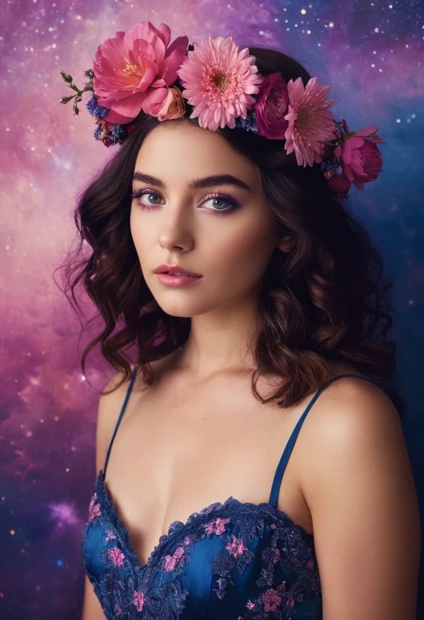 Raw Photo A captivating portrait of a young woman with striking features, set against a vibrant and ethereal backdrop. Her dark, wavy hair is adorned with exquisite jewelry and a large pink flower crown, highlighting her beauty. Her eyes are accentuated with mesmerizing makeup, drawing attention to her captivating gaze. She wears a dress featuring blue floral patterns, complementing her enchanting look. The background is a mesmerizing blend of deep blues and purples, with celestial bodies and shimmering stars, creating an otherworldly atmosphere.