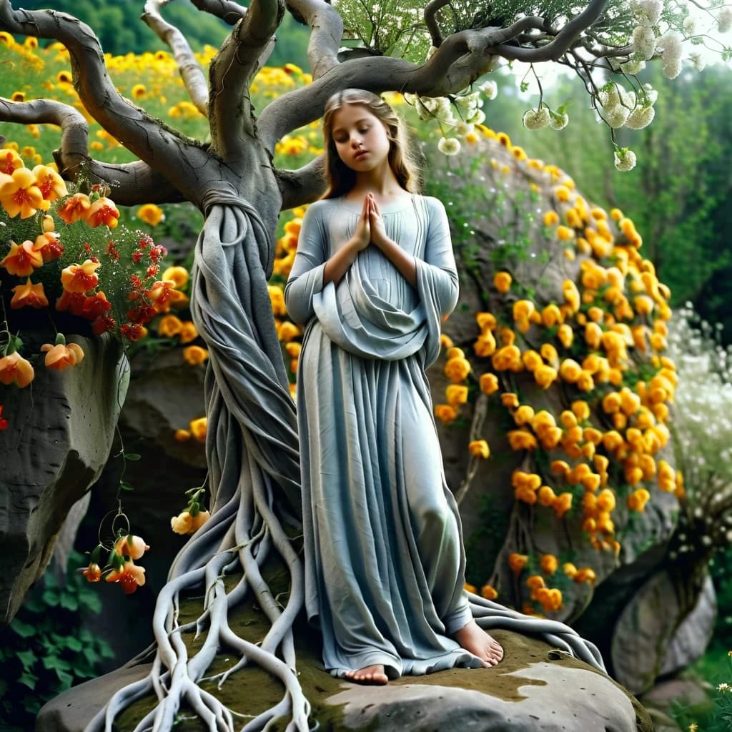 beautiful grey statue of a girl in a rock, the girl is standing in a feminine pose, in full growth, she is wrapped in roots and flowers, she is dressed in light clothes