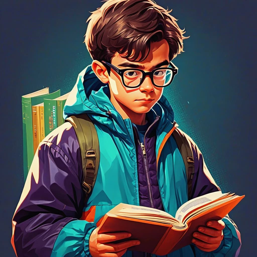 Мальчик в ветровке с книгой в руках. он в очках и смотрит в книгу. на книге написано SQL