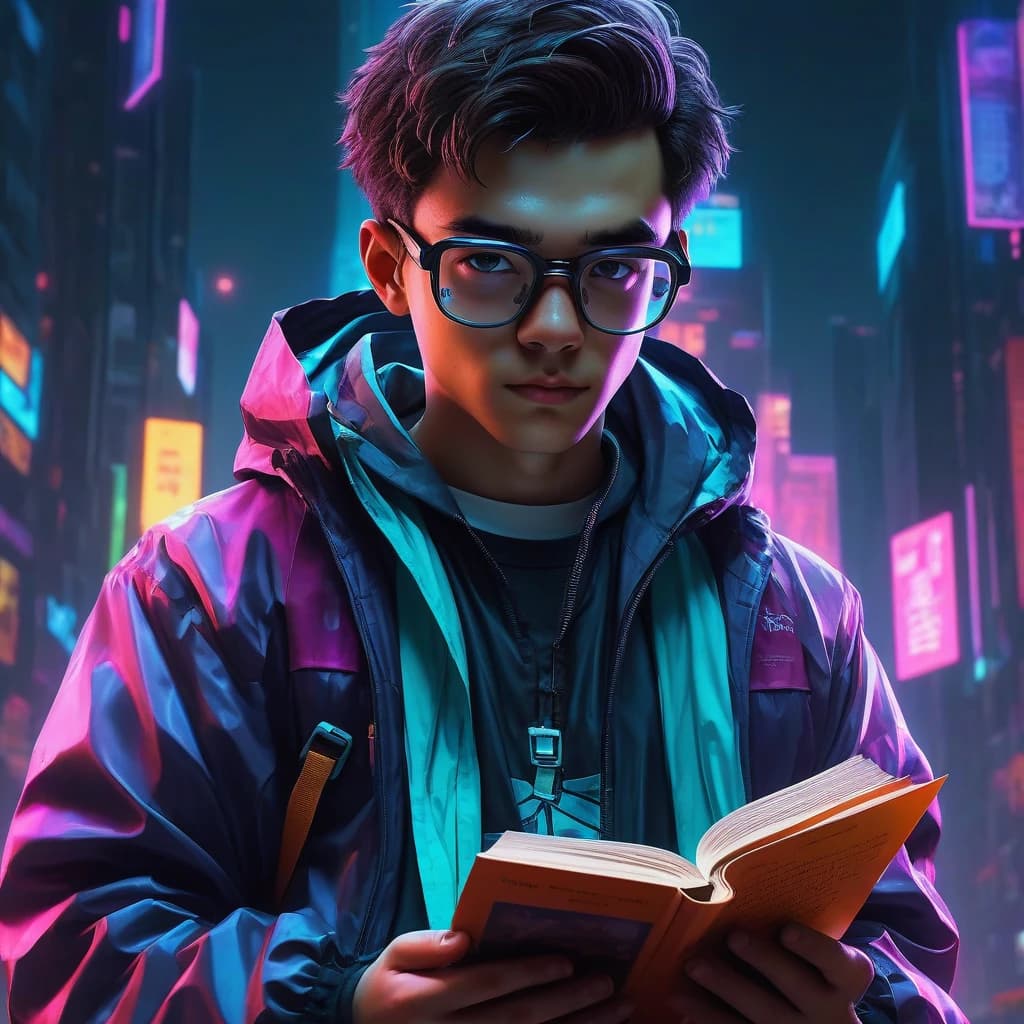 Мальчик в ветровке с книгой в руках. он в очках. на книге написано SQL