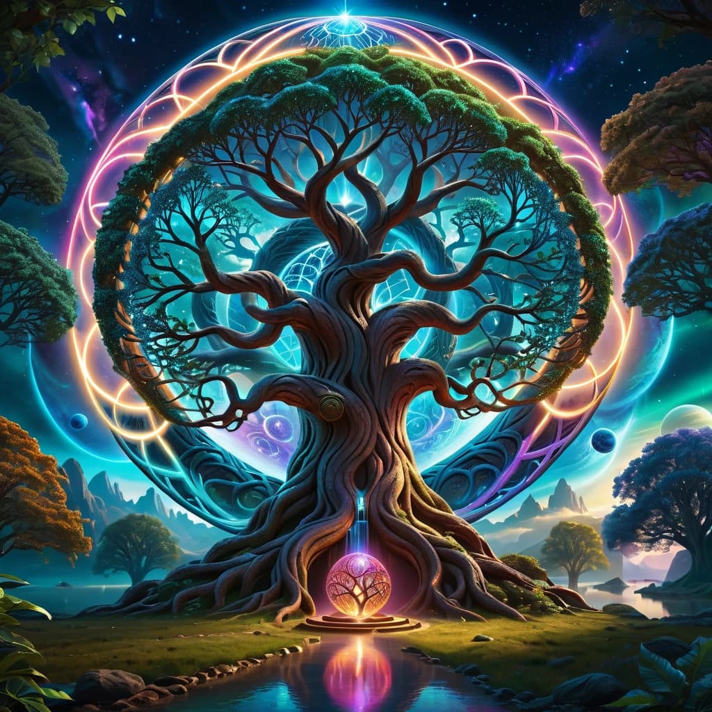 (masterpiece, photorealistic, contemporary art:1.3), giant Great Yggdrasil tree, towering in the astral dimension, branches adorned with sphere-worlds, glowing with neon lights, sparkling and vibrant colors, surrealistic interpretation of Germanic mythology, astral bridge leading to distant realms, intricate details on each branch and sphere, ethereal glow, shimmering leaves, intricate roots, glowing runes, otherworldly atmosphere, high definition quality, best quality, HD resolution, mesmerizing and immersive scene.