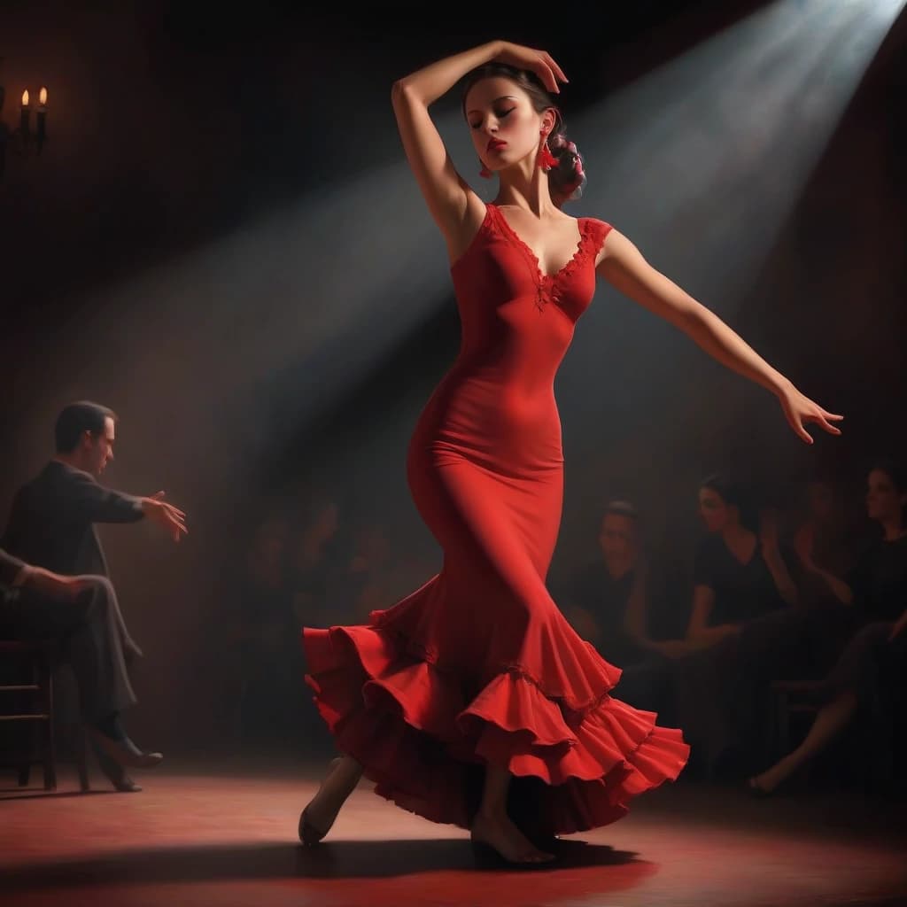 flamenco dance, beautiful
brunette girl, dancing flamenco, passionately, in love, gracefully, beauty, she is wearing a red dress, muted intimate light, complex steps, castanets, the audience is visible around in the semi-darkness