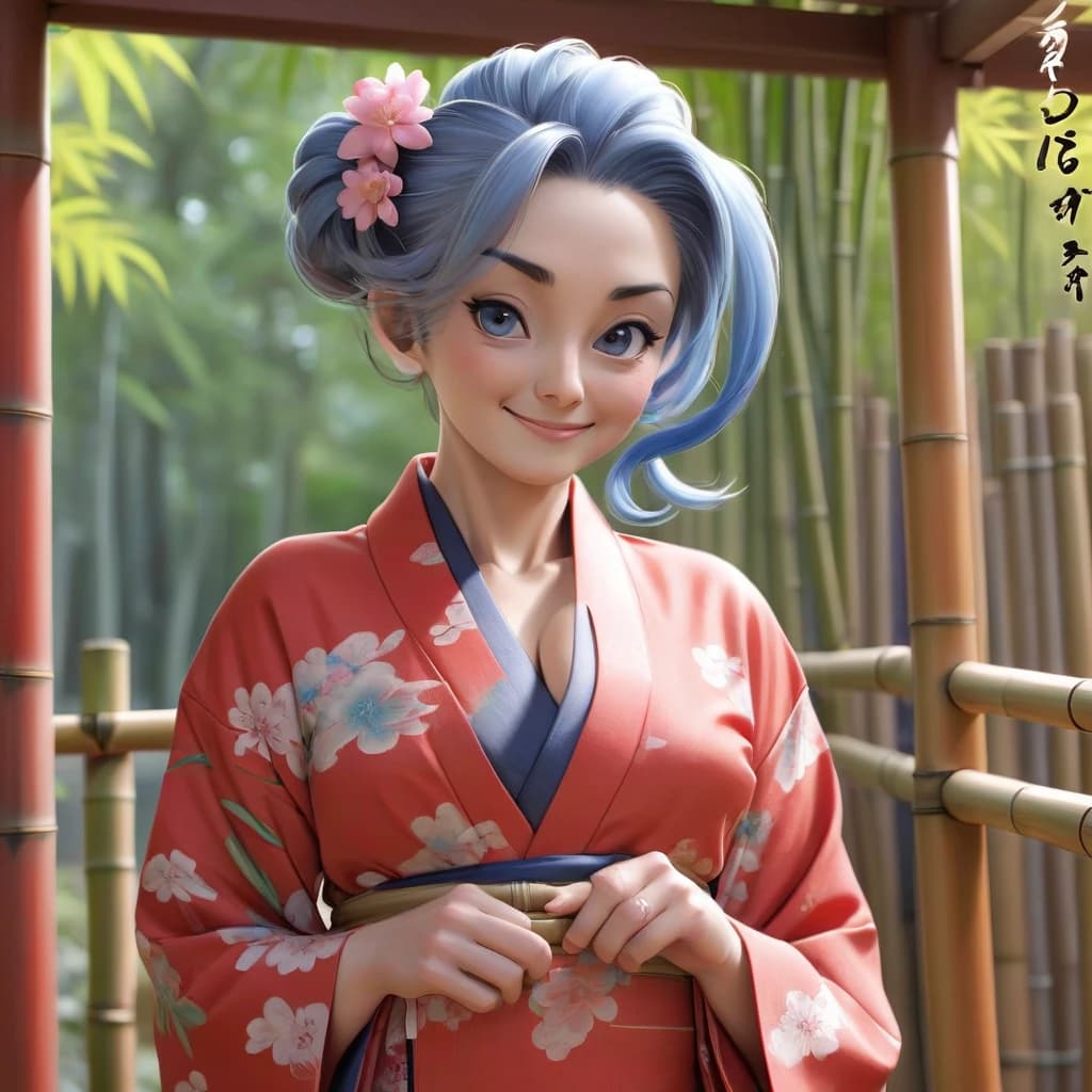masterpiece, best quality, a mature sexy woman in shine red yukata posing in front of bamboo rails, 1girl, solo, japanese clothes, yukata, tied-up hairstyle, floral hair ornament, smile,mature woman, sales lady, blue hair, wavy hair, ponytail, medium breasts, long-slitted and narrow eyes, brown eyes, slender face,
