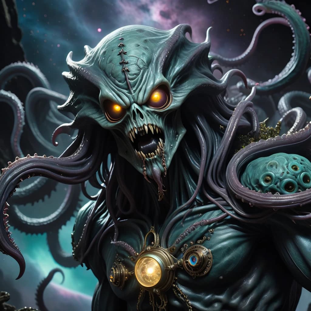 (masterpiece, high resolution, detailed:1.3), cosmic Lovecraftian ghoul floating through the depths of space, grunge metal style aesthetic adding a raw and gritty texture, cosmic horror theme permeating the artwork, ghoul's grotesque and otherworldly features highlighted in intricate detail, tentacles writhing in the void, eyes filled with ancient knowledge and dread, dark hues and metallic tones creating an ominous atmosphere, cosmic anomalies swirling around the ghoul, eerie lighting casting ominous shadows, a fusion of terror and awe in the cosmic horror setting, a chilling and captivating scene.