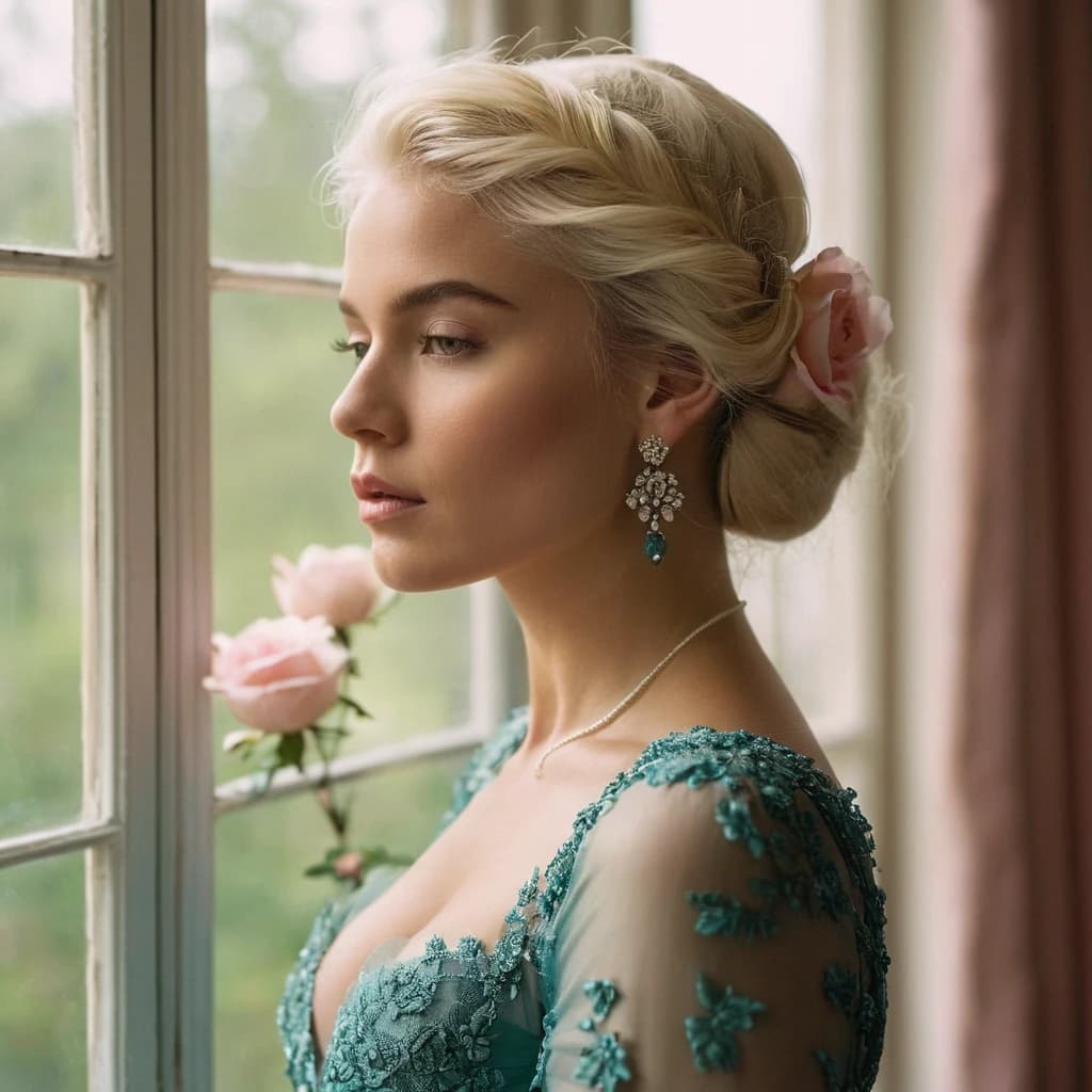 Raw Photo A captivating portrait of a young woman with platinum blonde hair, exquisitely adorned with delicate pink roses. She dons a stunning teal gown featuring intricate lace and beadwork, complemented by matching gloves and earrings. Her presence is further enhanced by the soft, diffused light filtering through the arched windows of the elegant room. With a pink rose in her hand and her captivating gaze directed towards the viewer, she exudes an air of mystery and allure.