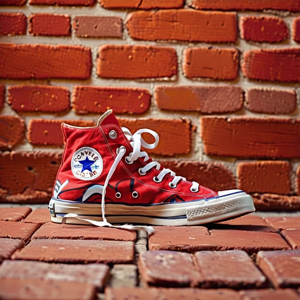 нарисованные фломастером красные кеды converse. на фоне кирпичной стены