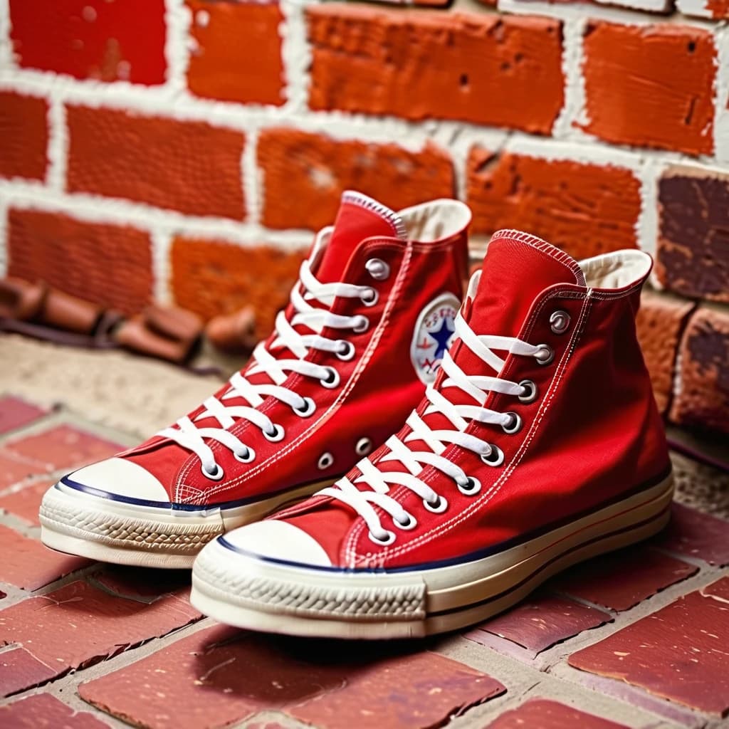 нарисованные фломастером красные кеды converse. на фоне кирпичной стены
