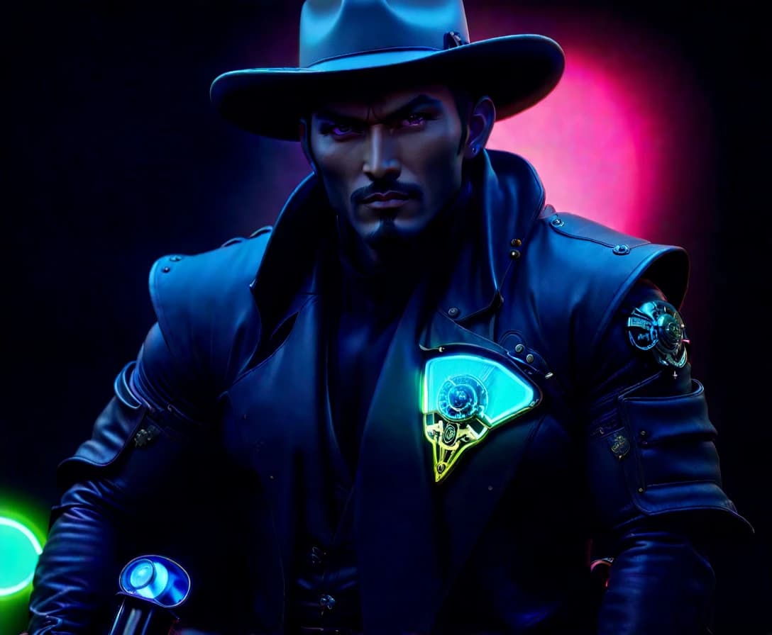 Steampunk cowboy samurai in a hat with a katana sits on a neon motorcycle