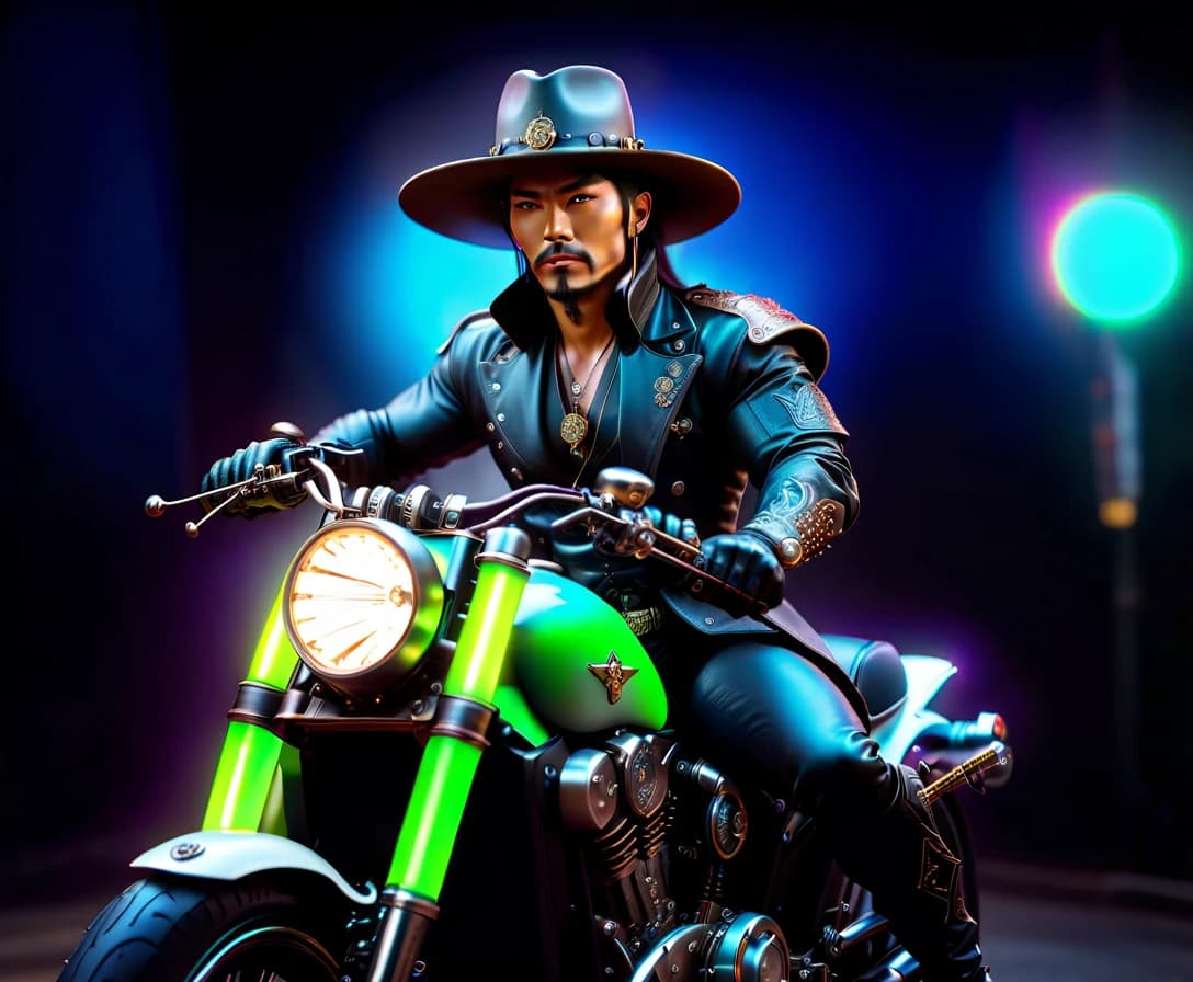 Steampunk cowboy samurai in a hat with a katana sits on a neon motorcycle