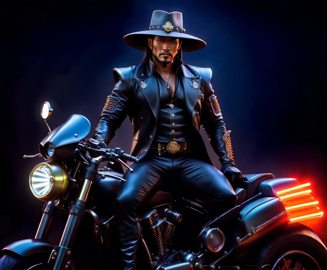 Steampunk cowboy samurai in a hat with a katana sits on a neon motorcycle