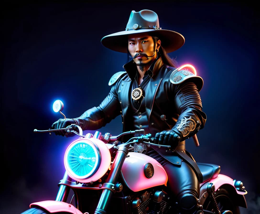 Steampunk cowboy samurai in a hat with a katana sits on a neon motorcycle