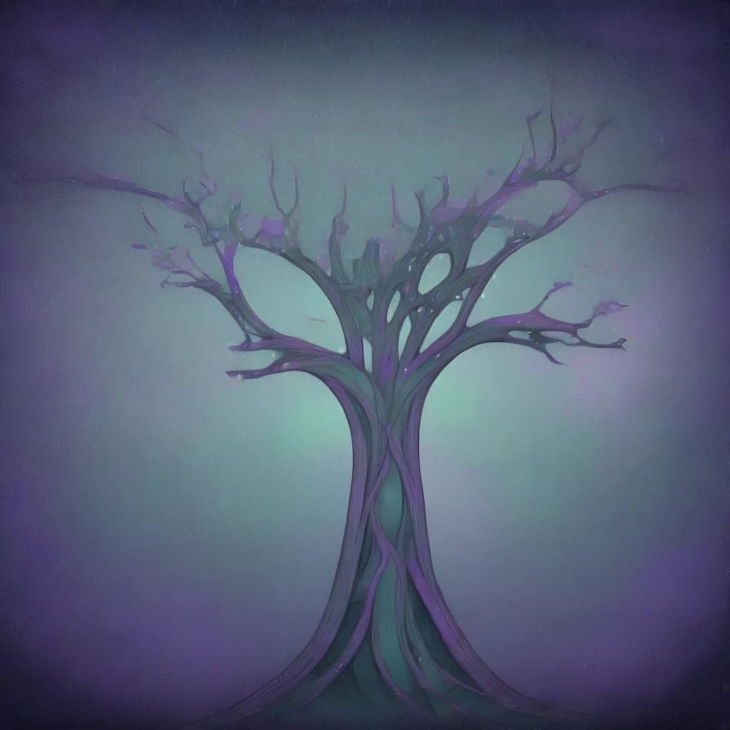 A tree in outer space under the starry rain. (((((((((( Art Nouveau style) Purple Green