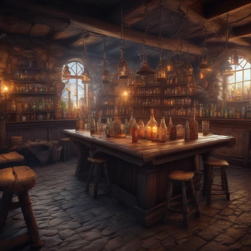 mystical dark fantasy tavern, dark fantasy,  (((masterpiece))), ((best quality)), ((intricate detailed)), ((Hyperrealistic)), highly detailed, illustration,  detailed background,  lens flare, from the front