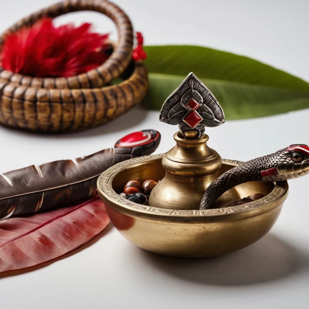 An Indian amulet with feathers, beads, a red medical cross, a plantain leaf and a mortar with a pestle into which a snake drips in the style of North American Indians on a white background