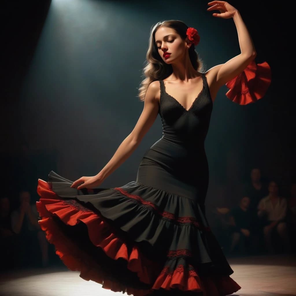 flamenco dance, a beautiful
girl dancing flamenco, passionately, in love, gracefully, beauty, subdued intimate light, complex steps, castanets, the audience is visible around in the semi-darkness