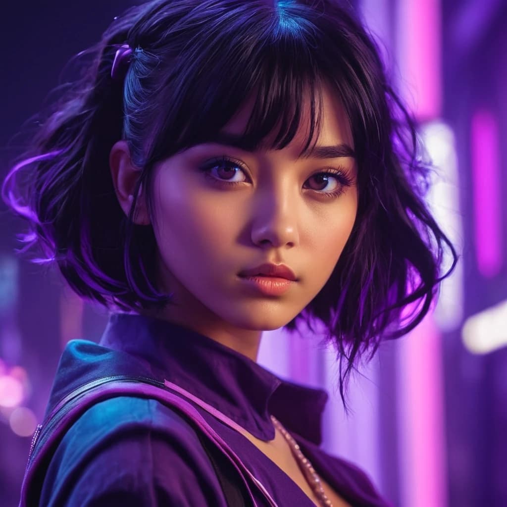 draw an avatar for a steam account in anime style with purple neon in the background, a girl with black hair and that the nickname "ANEL" would be at the bottom