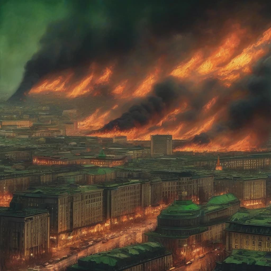 горящая Москва, темные тона, много огней зеленого цвета