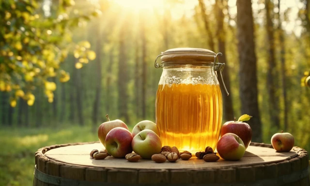 яблоки, орехи, мёд в стеклянном бочонке на ярком солнечном фоне леса справа