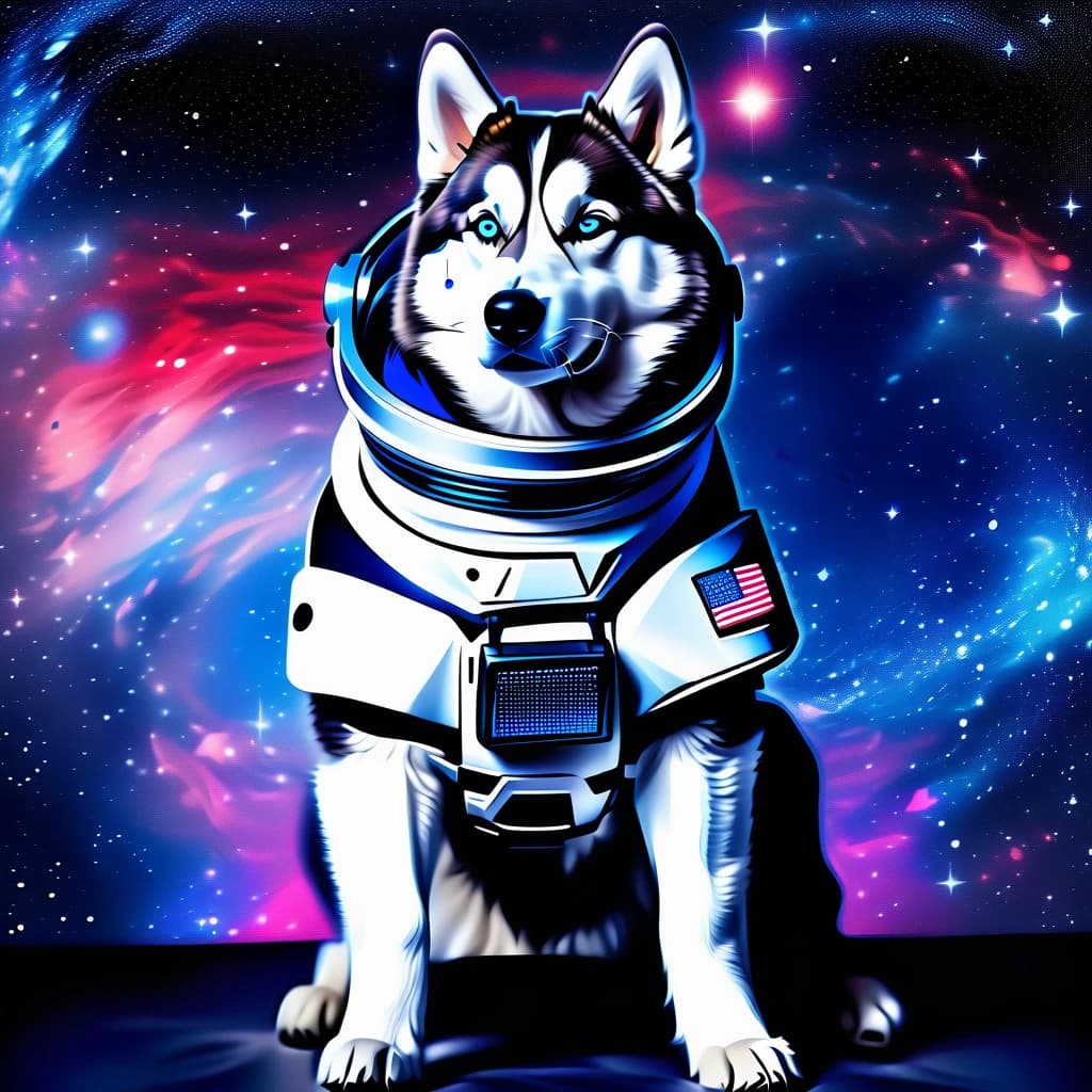 alaskan malamute or husky in futuristic space suit, deep space background