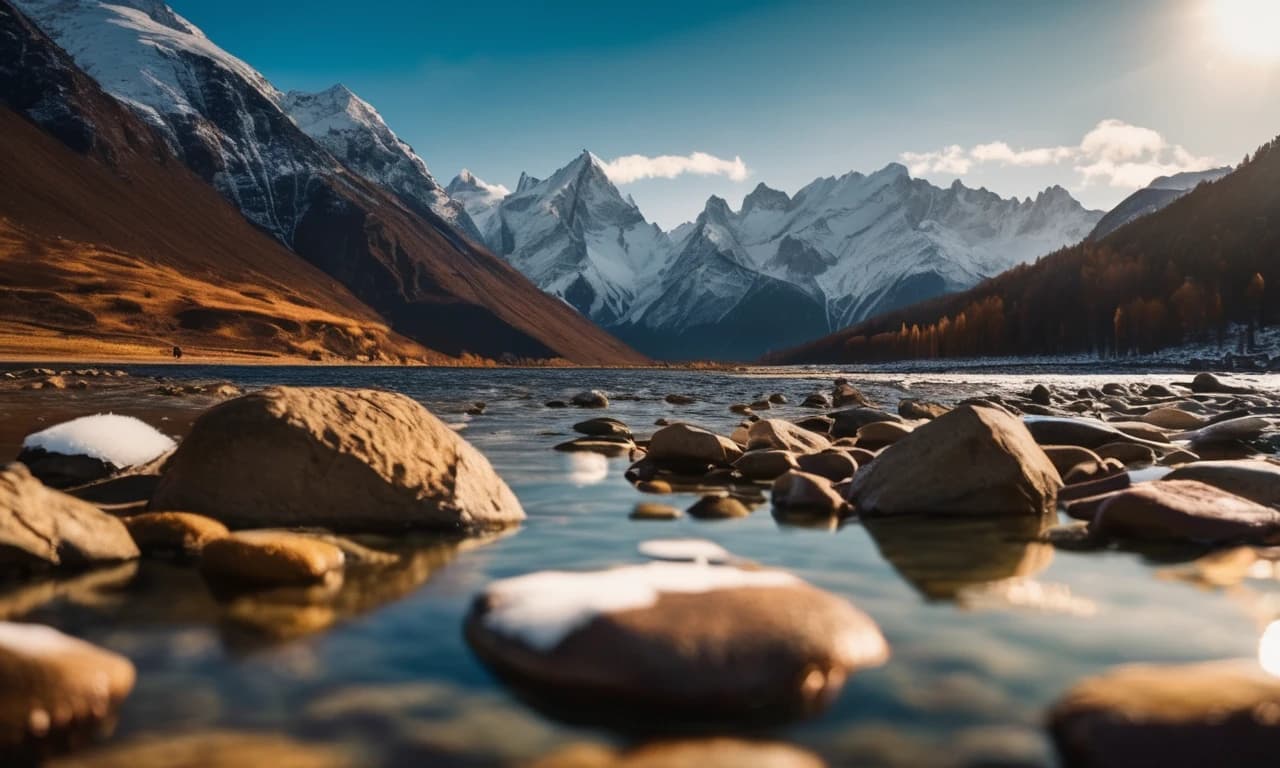 на переднем плане камни, на заднем плане заснеженные горы, глубина резкости, перспектива