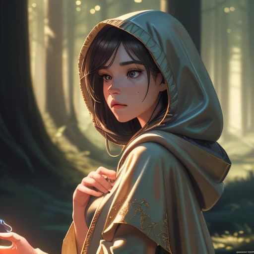 A castle in the distance in the middle of the forest. Ahead is a brown-haired girl in whose hands the light of magic shines. She is wearing a robe and a hood partially conceals her face