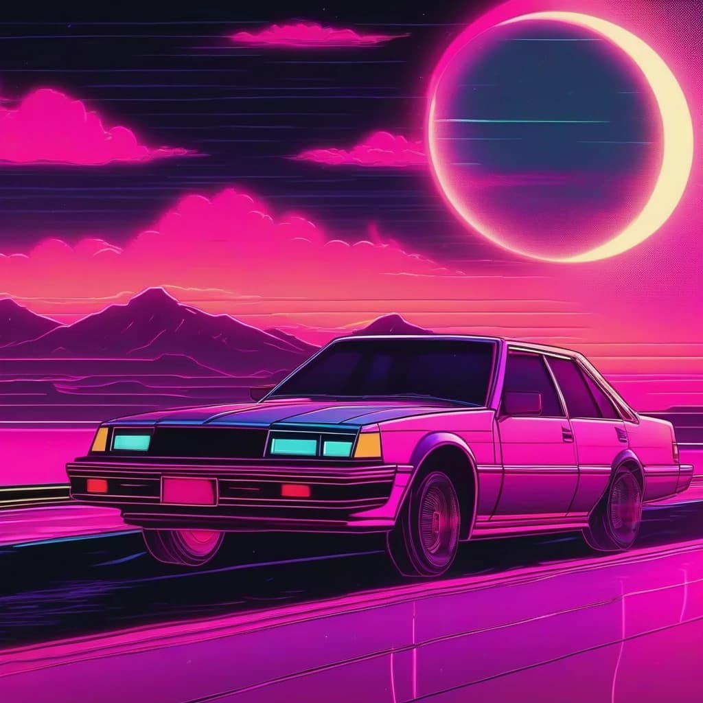 Легковой автомобиль едет по шоссе и луна освещает путь, всё в стиле retrowave и synthwave