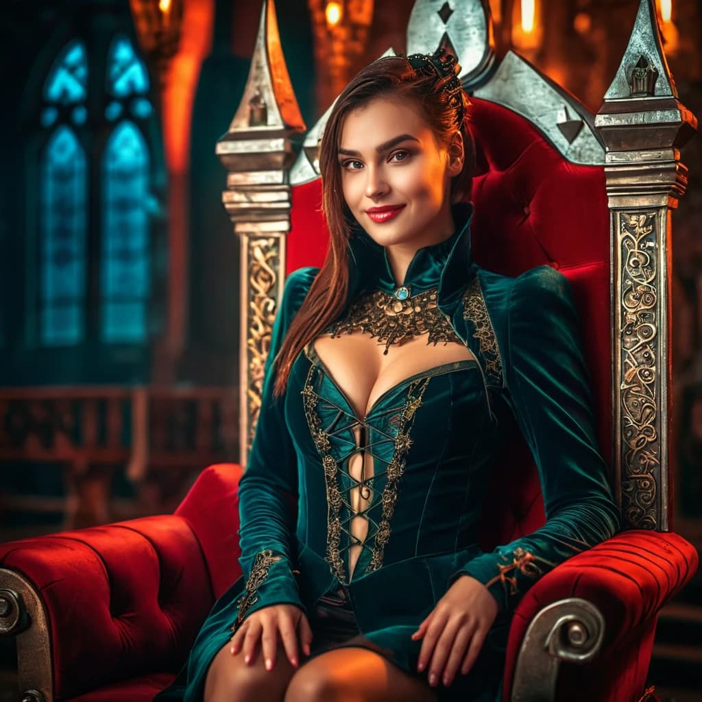 beautiful girl, cyberpunk, vampire, beautiful smile, sitting on a throne, in a beautiful outfit. night, Dracula's castle. (dark shot:1.17), epic realistic, faded, ((neutral colors)), art, (hdr:1.5), (muted colors:1.2), hyperdetailed, (artstation:1.5), cinematic, warm lights, dramatic light, (intricate details:1.1), complex background, (rutkowski:0.8), (teal and orange:0.4), Details, ((intricate details)), hdr, ((intricate details, hyperdetailed))