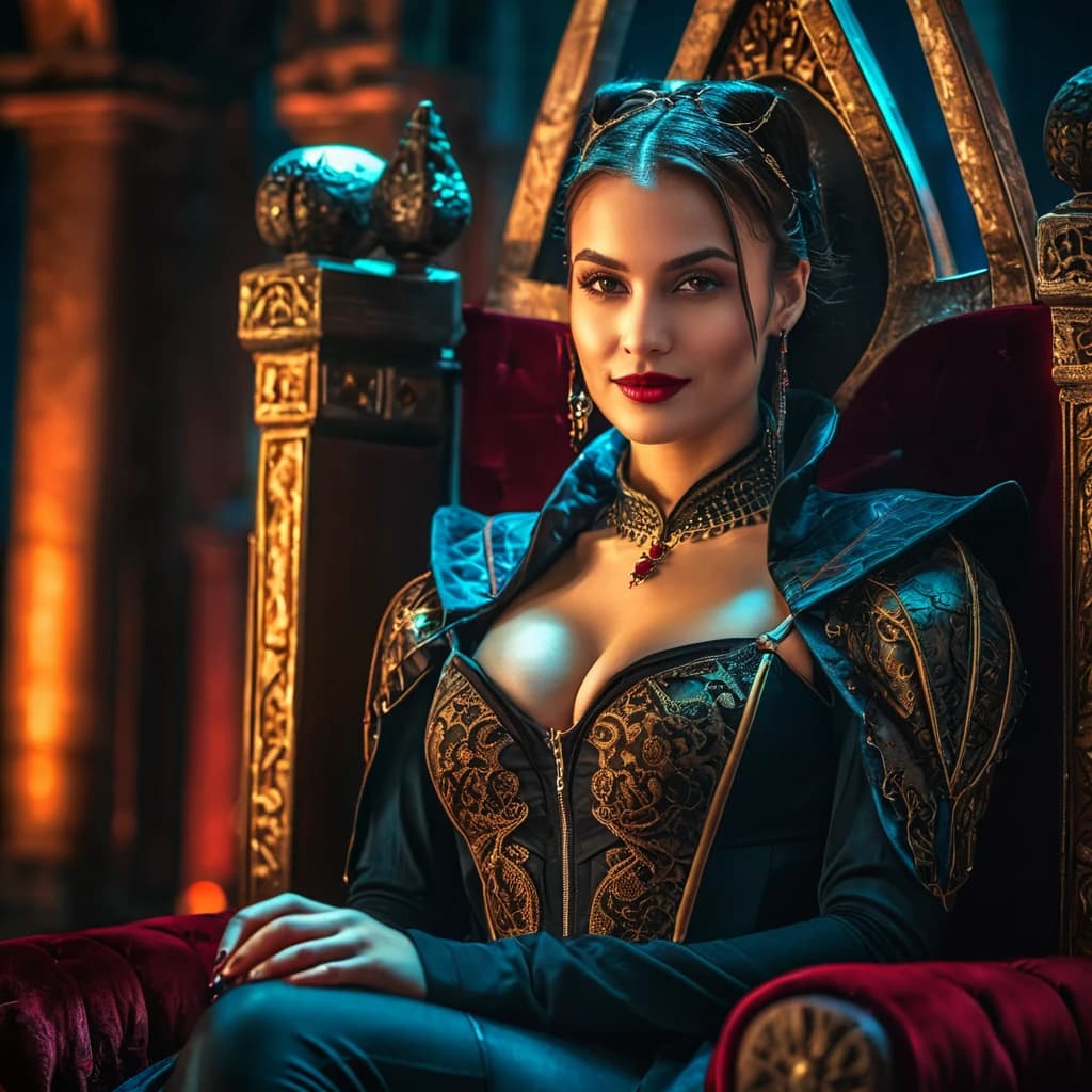 beautiful girl, cyberpunk, vampire, beautiful smile, sitting on a throne, in a beautiful outfit. night, Dracula's castle. (dark shot:1.17), epic realistic, faded, ((neutral colors)), art, (hdr:1.5), (muted colors:1.2), hyperdetailed, (artstation:1.5), cinematic, warm lights, dramatic light, (intricate details:1.1), complex background, (rutkowski:0.8), (teal and orange:0.4), Details, ((intricate details)), hdr, ((intricate details, hyperdetailed))