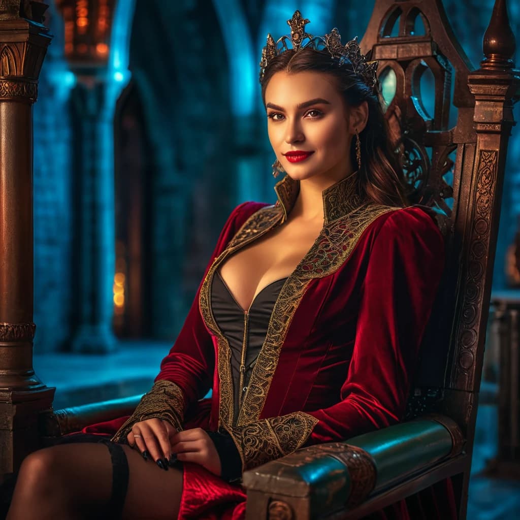 beautiful girl, cyberpunk, vampire, beautiful smile, sitting on a throne, in a beautiful outfit. night, Dracula's castle. (dark shot:1.17), epic realistic, faded, ((neutral colors)), art, (hdr:1.5), (muted colors:1.2), hyperdetailed, (artstation:1.5), cinematic, warm lights, dramatic light, (intricate details:1.1), complex background, (rutkowski:0.8), (teal and orange:0.4), Details, ((intricate details)), hdr, ((intricate details, hyperdetailed))
