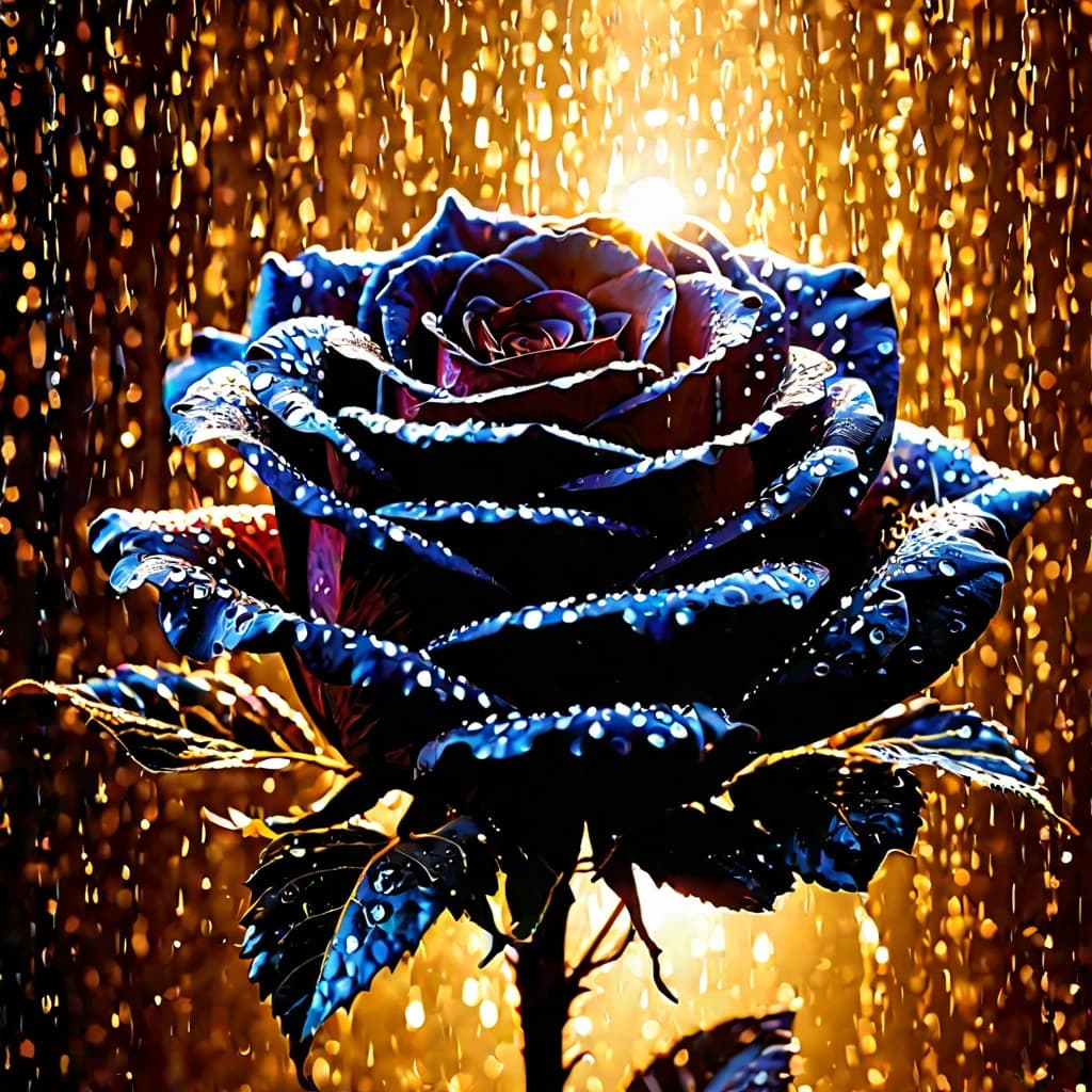 ASCII  Masterpiece, (cosy), (ultra high res, mj,best quality,highly detailed:1.5),(cinematic),(volumetric lighting, volumetric shadows:1.5),Amazing, (8k details),(photorealistic:1.4), (warm lighting,ray tracing,dynamic lighting:1.5),
a black rose up close illuminated by divine grace radiated with ancestral light on a rainy day