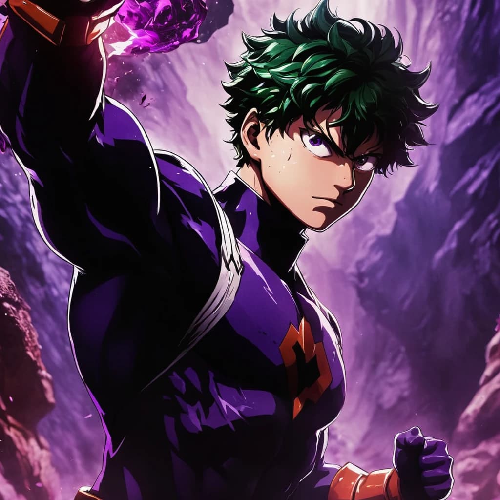 a close up of a person with an evil look on their face, anime wallpaper, showing off his muscles, gradient black to purple, boku no hero academia style, fiery aura, character is covered in liquid, dark cavern, one fist raised high in triumph, morph, exploitable image, heroic human proportions, shredded, trending top art, light academia aesthetic