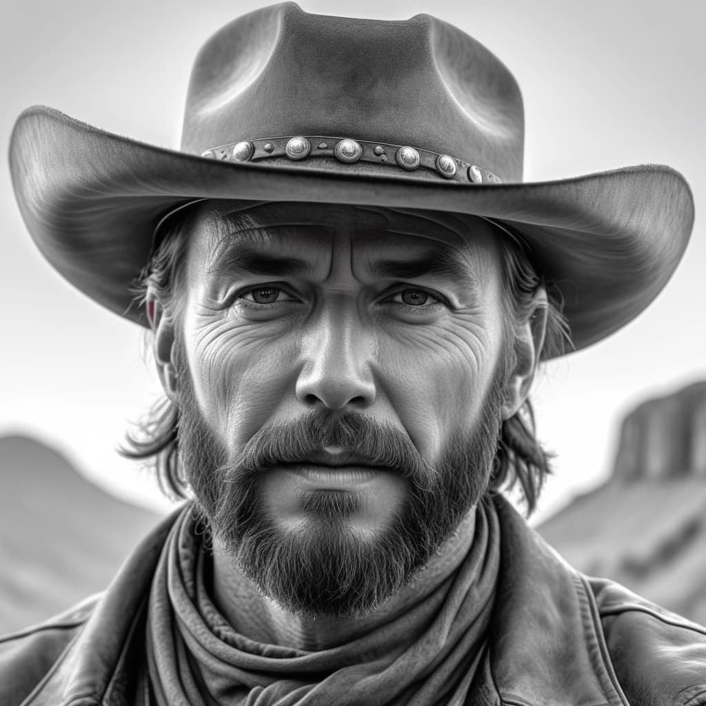 pencil sketch of the wild west style ad, bearded scary cowboy in a cowboy hat,  in black and white, fine lines, elegant, on the on parchment, 8k, uhd