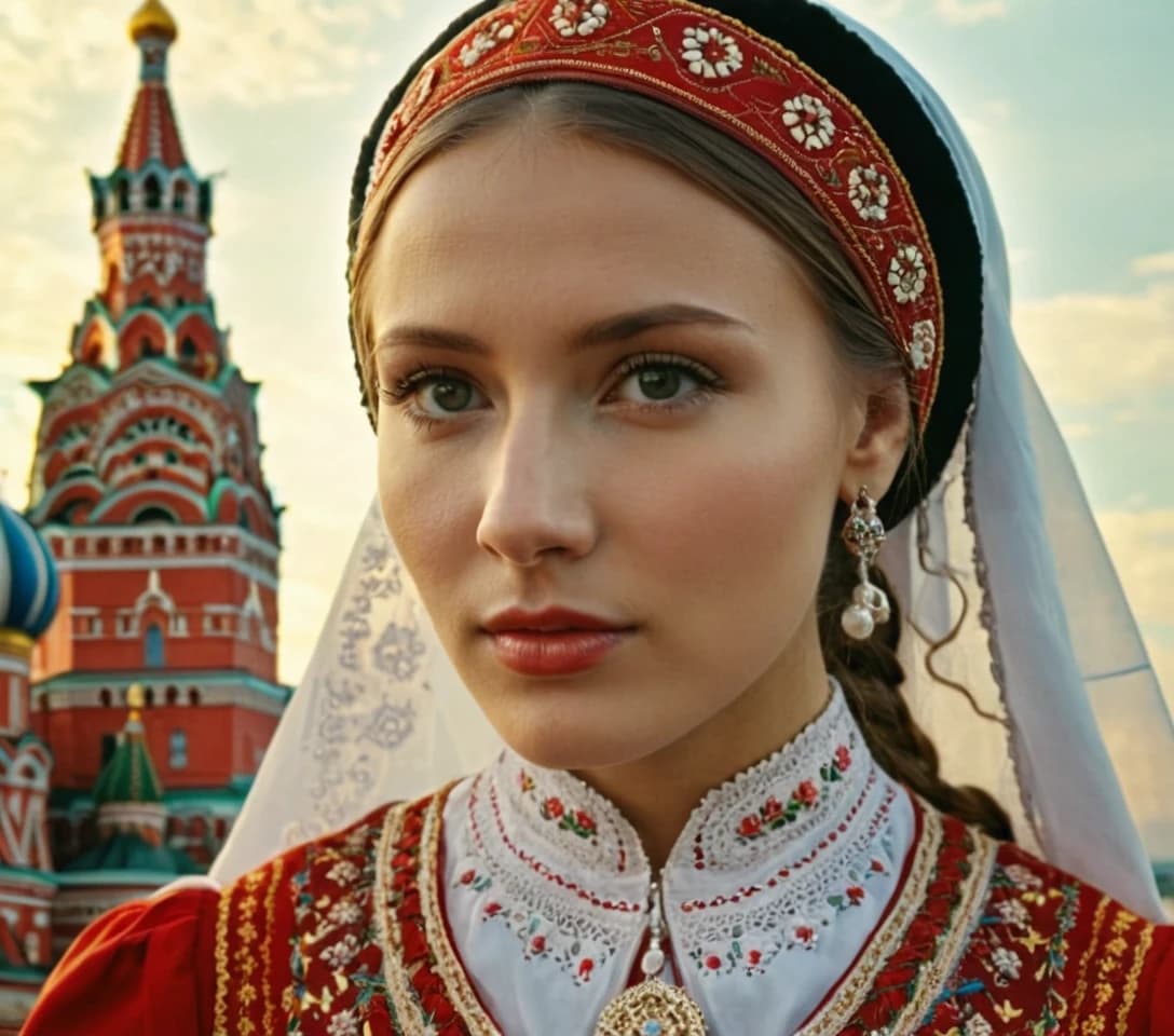 Город Москва в образе красивой девушки в традиционном народном костюме, на фоне города, портретное фото, высокая детализация
