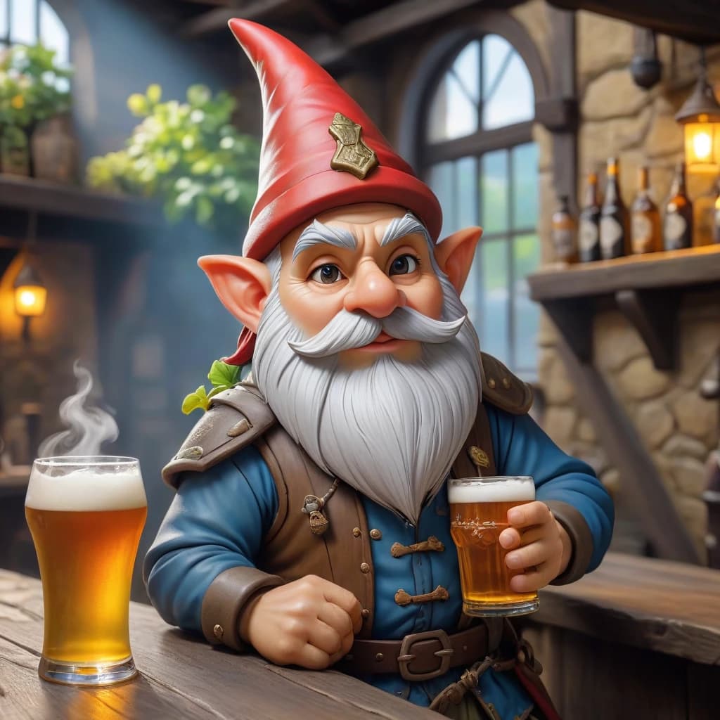 gnome drinks beer in a medieval tavern