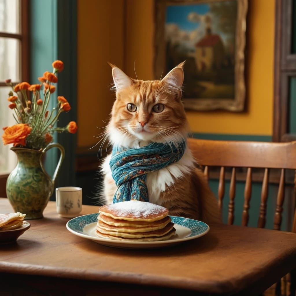 Picture a charming and cute fluffy cat, sporting a stylish scarf around its neck, seated at a table in a whimsical scene celebrating Maslenitsa. On the table, there's a plate filled with delicate pancakes, a jug of milk, and a bowl of sour cream. The cat's details are meticulously crafted, capturing its fluffy fur with precision, while the environment is richly detailed. The artwork fuses the styles of Picasso, Dali, and Escher, illuminated with a dynamic and surreal lighting style. This piece is created with an exceptional level of detail and realism, presented in mesmerizing 8k high resolution. The art is a blend of digital art, sculpture, and mixed media, showcasing a vibrant and eclectic color palette. The composition draws inspiration from cubism, surrealism, and op art styles