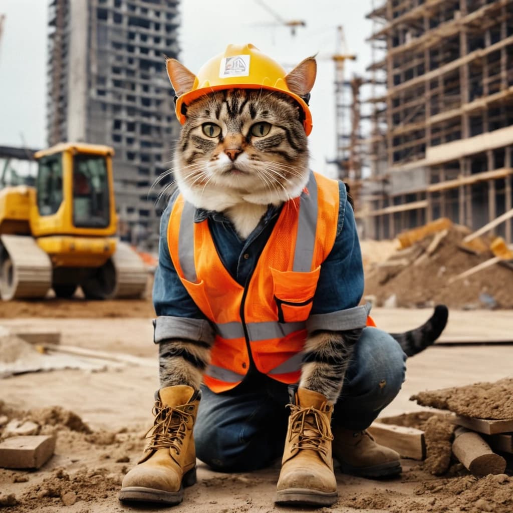 (Masterpiece, best quality:1.2), Animal-personified cat -father, with cat face and human body,He works at a construction site, he is very tired, exhausted and dirty. He is wearing a construction helmet, vest, jeans and boots  city-scape<lyco:GoodHands-beta2:1.0>