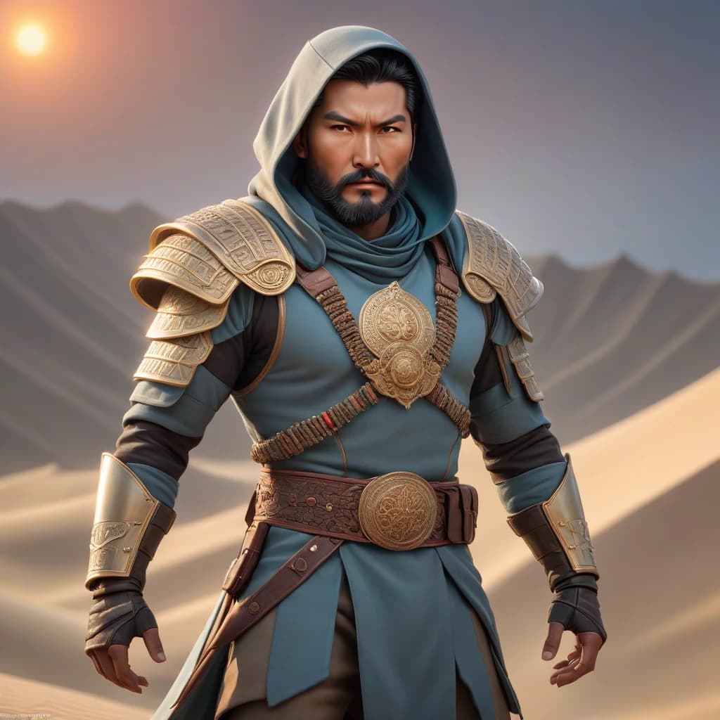 A Kyrgyz hero in national armored clothing stands on top of a dune during sunrise. Male hero, 30-35 years old. Black hair with a beard, courageous and self-confident. There is a large hood on the head. The hero is of Kyrgyz nationality. The hero’s clothes have Kyrgyz national patterns. The hero looks at us intently.