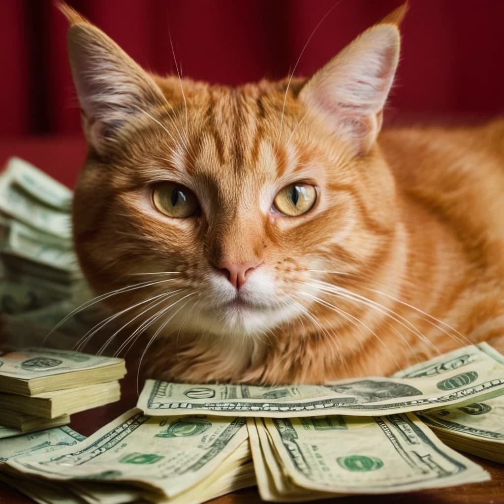 ginger cat with a wad of cash