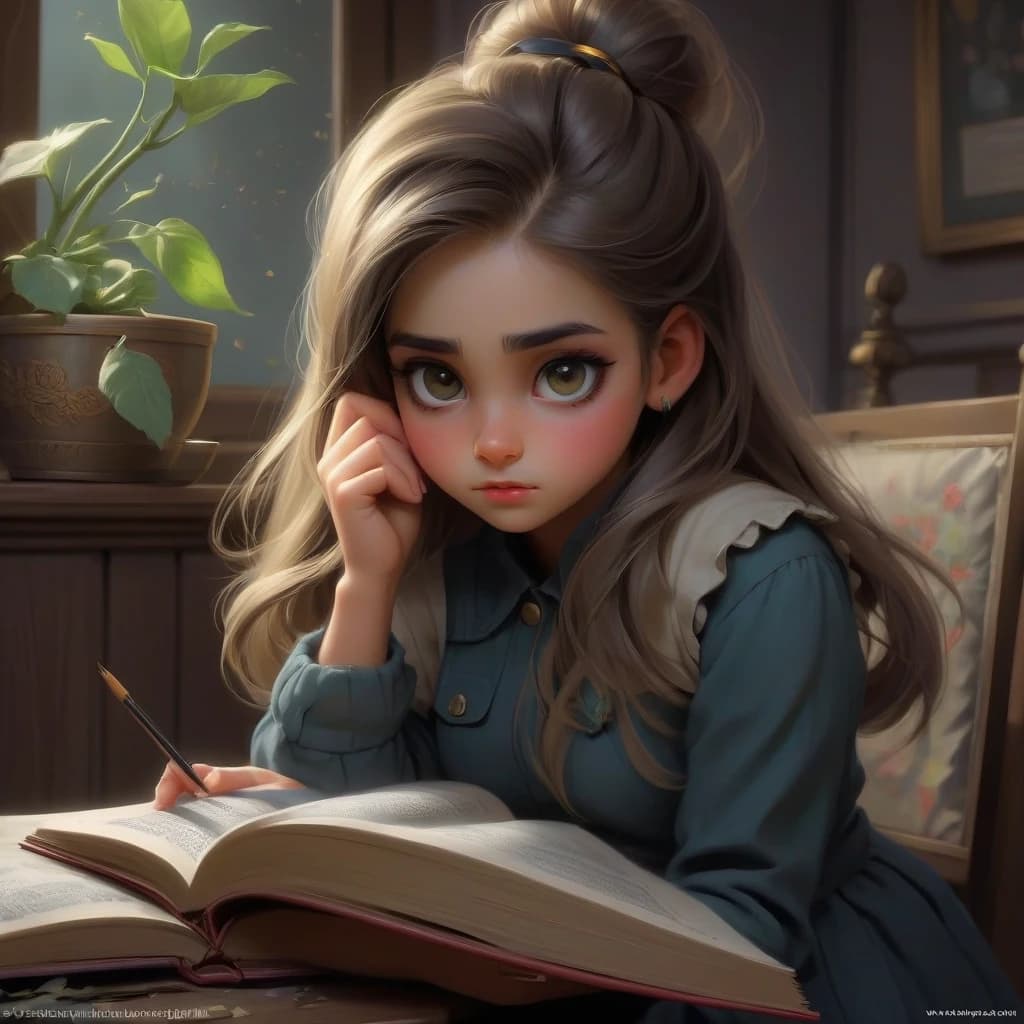 A beautiful girl in a mysterious setting closely shows a closed book so that its cover is visible, against the background of paint strokes and lights shining in the dark, photorealistic, beautiful, bright, colored lighting