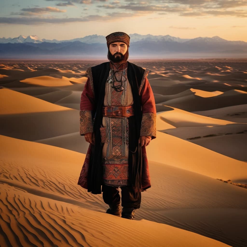 A Kyrgyz hero in national armored clothing stands on top of a dune during sunrise. Male hero, 35-40 years old. Black hair with a beard, courageous and self-confident. There is a large hood on the head. The hero is of Kyrgyz nationality. The hero’s clothes have Kyrgyz national patterns. The hero looks at us intently.