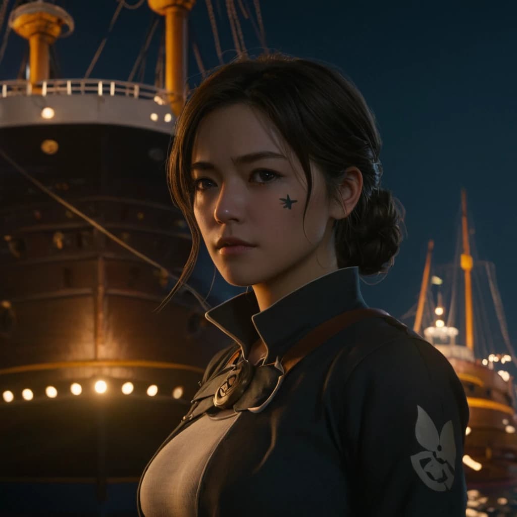 a woman standing in front of a ship at night, x logo, eye patch on one eye, anime. soft lighting, dark mode, animated, unreal engine: .2, jinx, ( ( ( anime ) ) ), sailpunk, cracked body full of scars, by Kanō Sanraku, domino mask, anime fencer