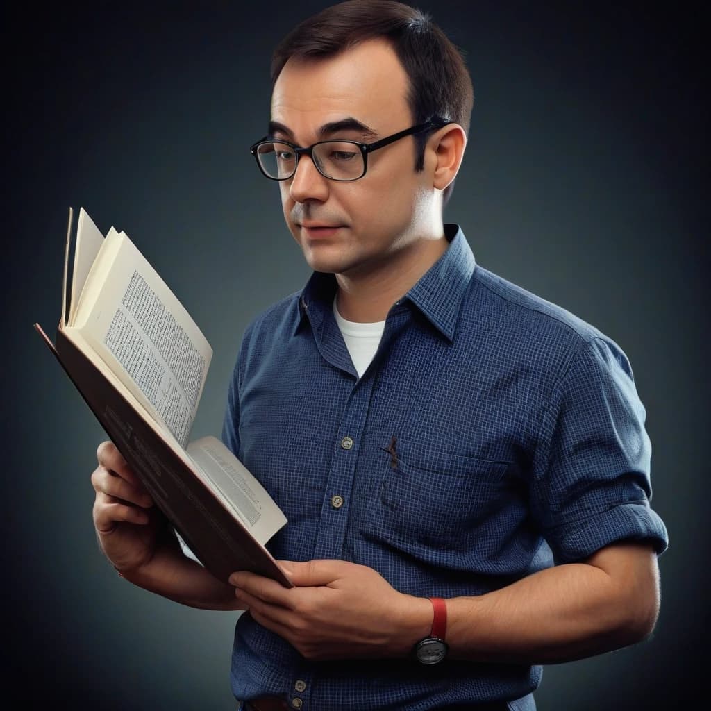 Парень в рубашке с книгой в руках. он в очках и глаза смотрят в книгу по SQL. фото по пояс. Рубашка с закатанными рукавами. Фон черный