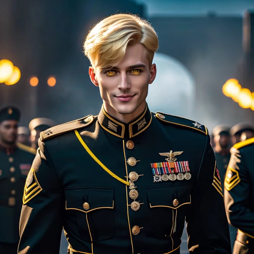 A tall blond man in a black military uniform with bright yellow eyes and short hair, full height, a wide villainous smile