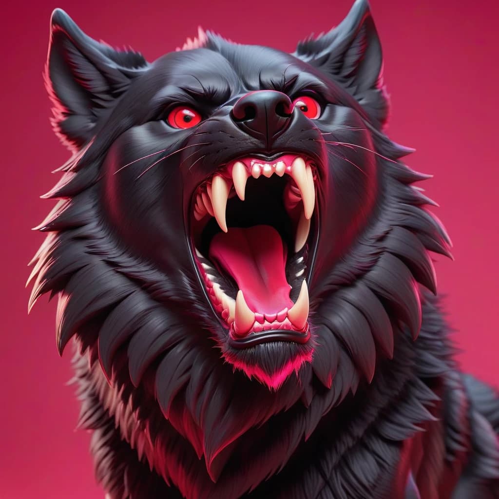 painted bold stylized head of a black growling wolf in motion with red eyes on a bright pink-red background