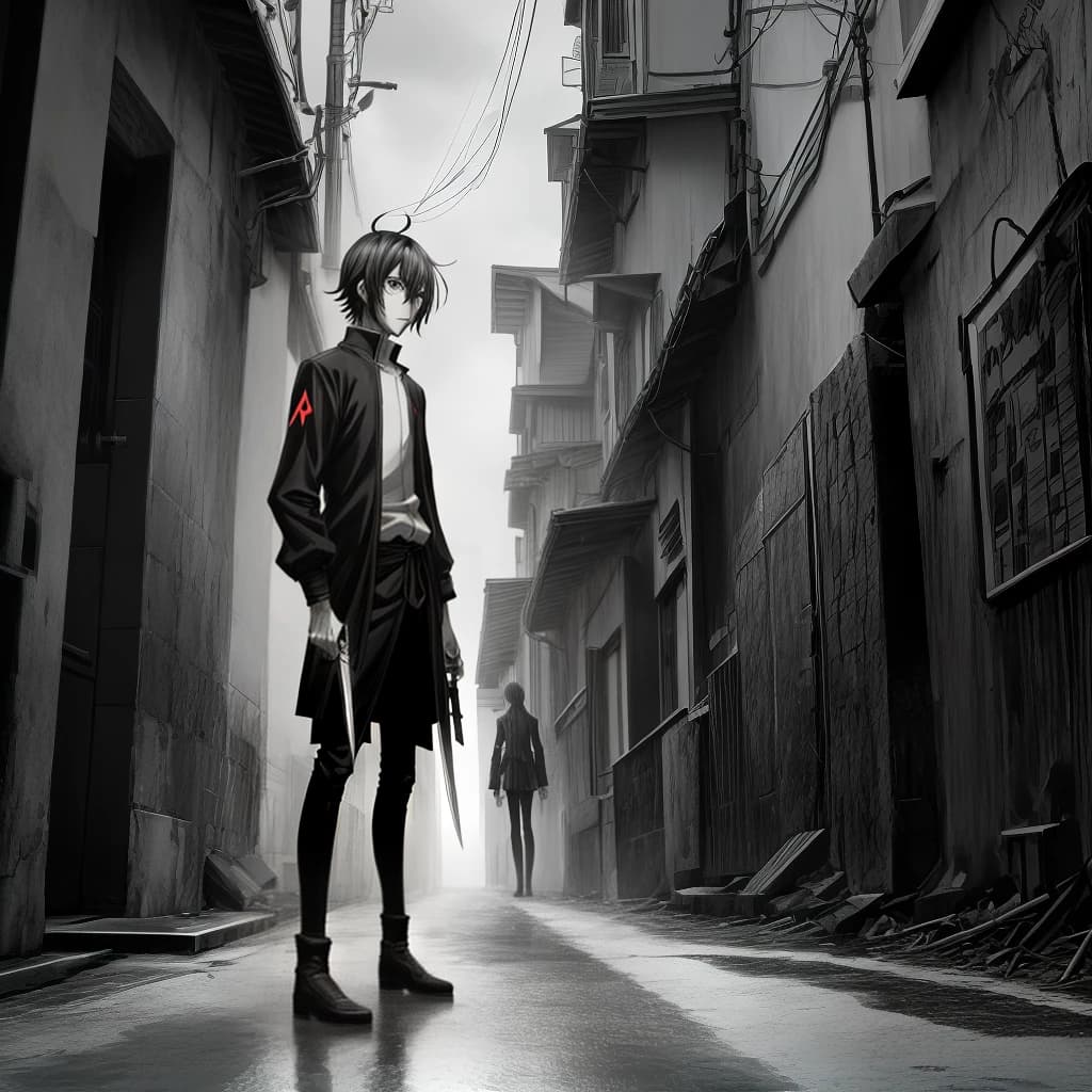 An anime standing around the corner with a full-length knife in the center of the frame