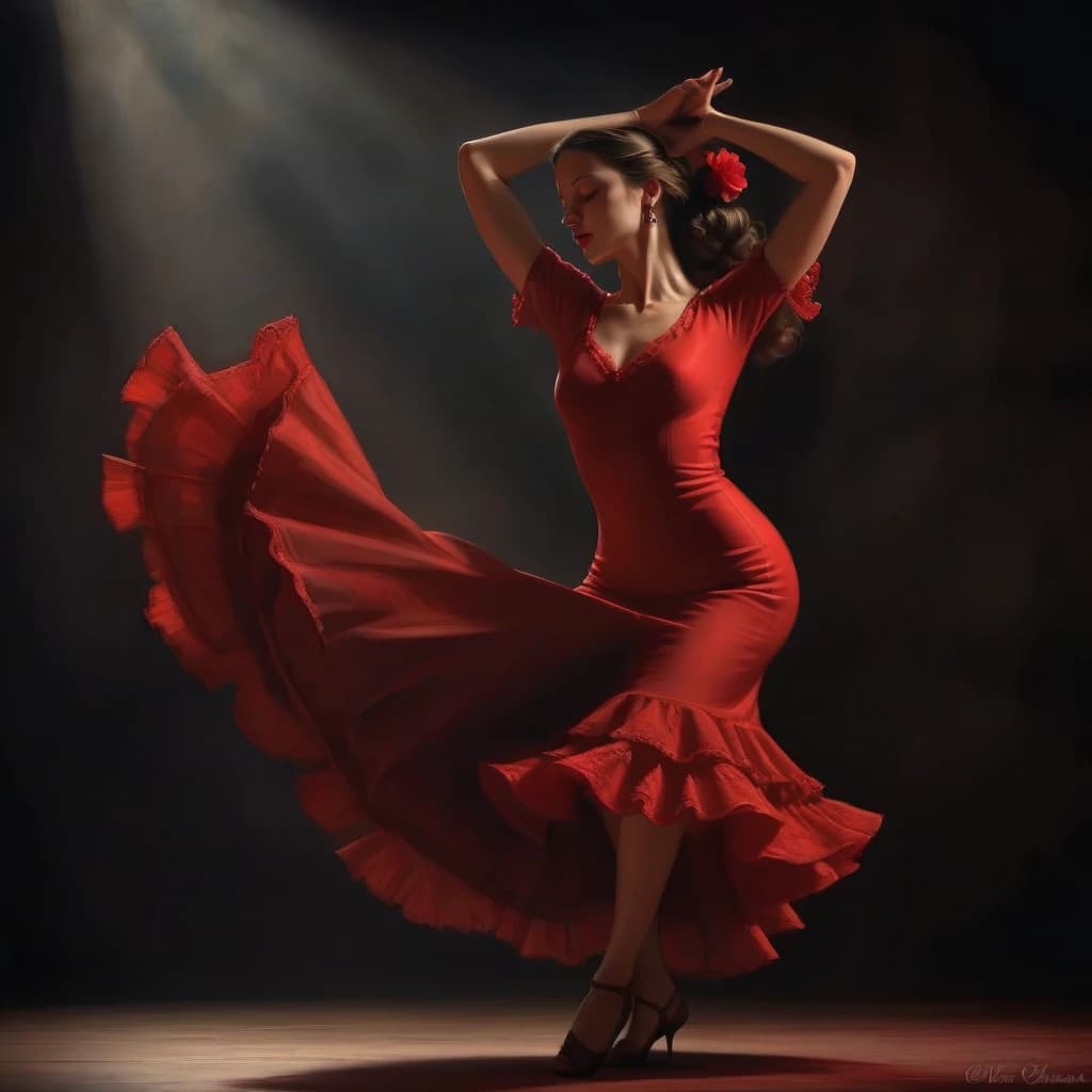 flamenco dance, a beautiful
girl dancing flamenco, passionately, in love, gracefully, beauty, she is wearing a red dress, muted intimate light, complex steps, castanets, the audience is visible around in the semi-darkness