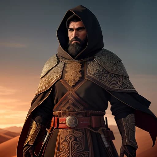 A Kyrgyz hero in national armored clothing stands on top of a dune during sunrise. Male hero, 30-35 years old. Black hair with a beard, courageous and self-confident. There is a large hood on the head. The hero is of Kyrgyz nationality. The hero’s clothes have Kyrgyz national patterns. The hero looks at us intently.
