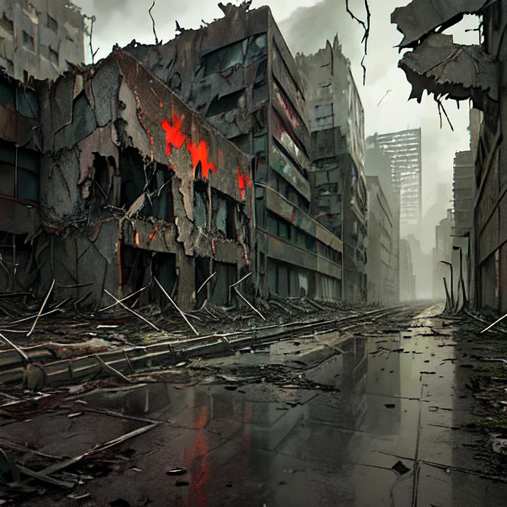 (masterpiece, post-apocalyptic, gritty:1.3), agile and athletic cyborg racing down an abandoned street littered with debris and graffiti, showcasing a desolate setting, dirty and worn details on the cyborg's mechanical parts reflecting the effects of the destroyed environment, dark colors of alcohol paint mingling with rust and dirt tones in the scenery, creating a dramatic and dark contrast, overlaid images of ruins and warning signs merging with the cyborg figure, evoking feelings of desolation and potential rebirth, dynamic pose, detailed urban decay backdrop with crumbling buildings, overgrown vegetation, ominous skies, scattered debris, muted color palette, eerie atmosphere, rugged textures, intense energy, symbolic composition hinting at resilience amidst chaos.